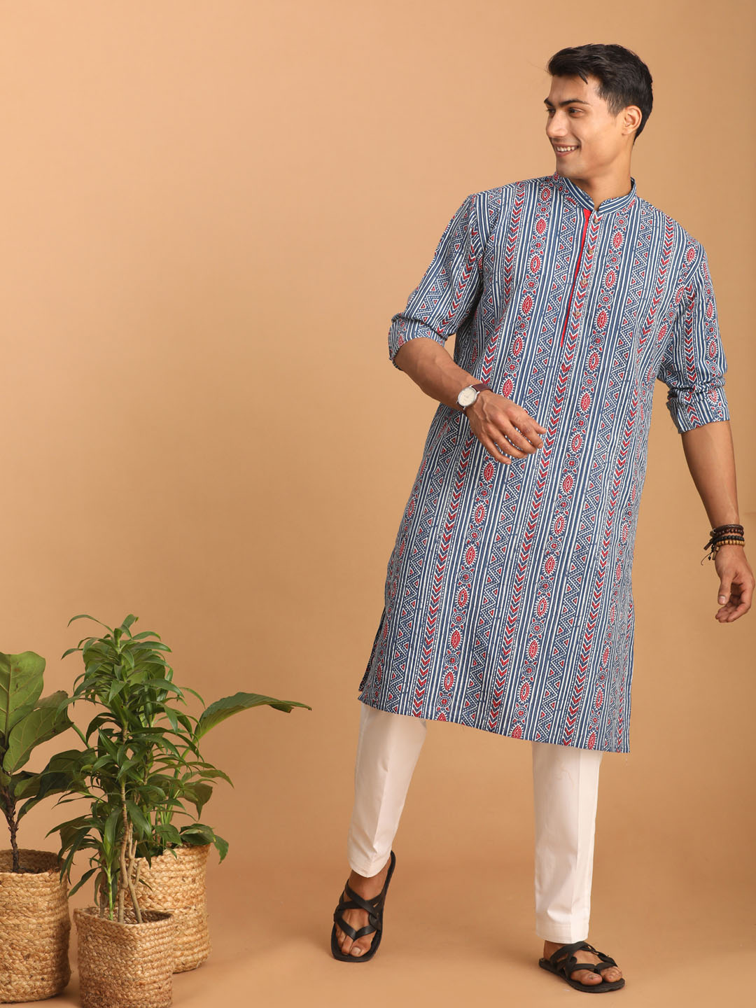 Sarvati Men's Indigo Printed cotton Kurta with White Pant set