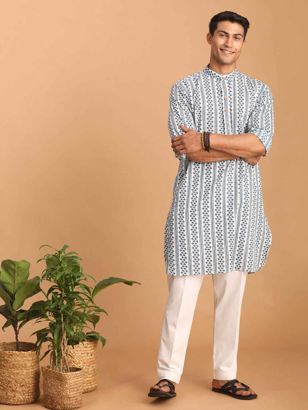 Sarvati Men's White And Blue Geometrical Striped Printed Curved Kurta with white Pant Set