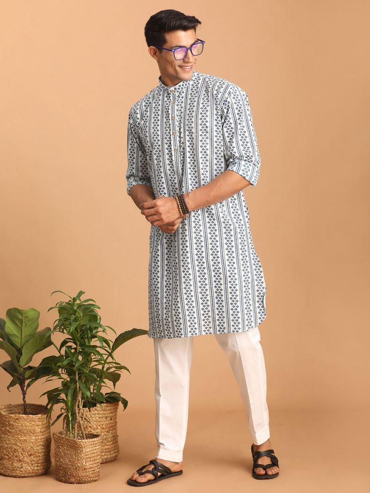 Sarvati Men's White And Blue Geometrical Striped Printed Curved Kurta with white Pant Set