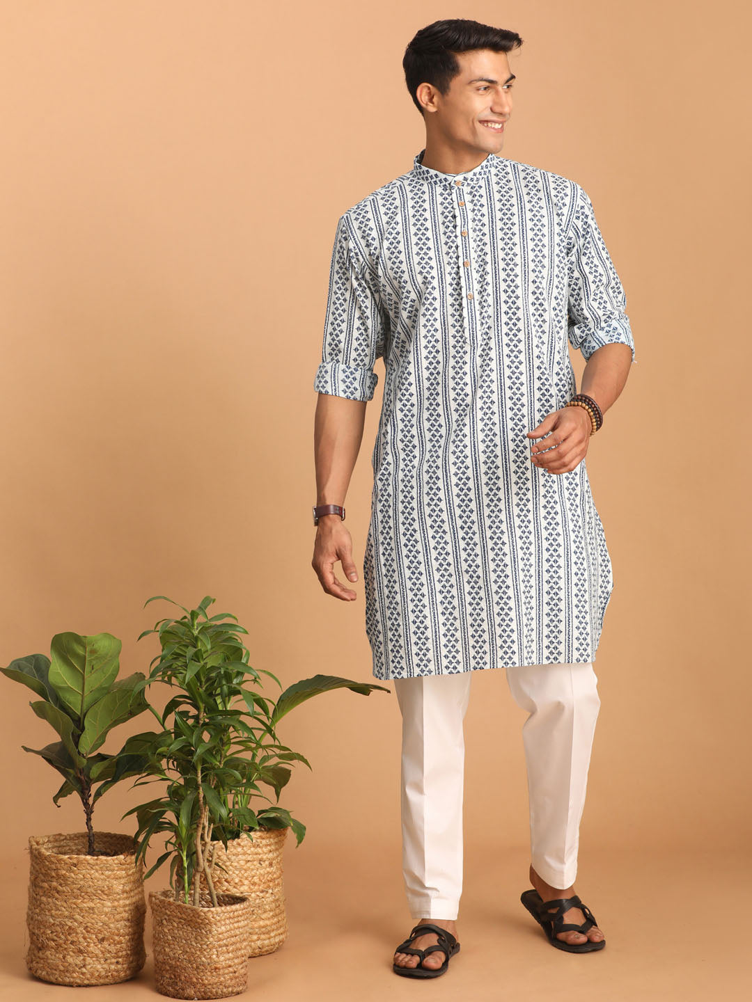 Sarvati Men's White And Blue Geometrical Striped Printed Curved Kurta with white Pant Set