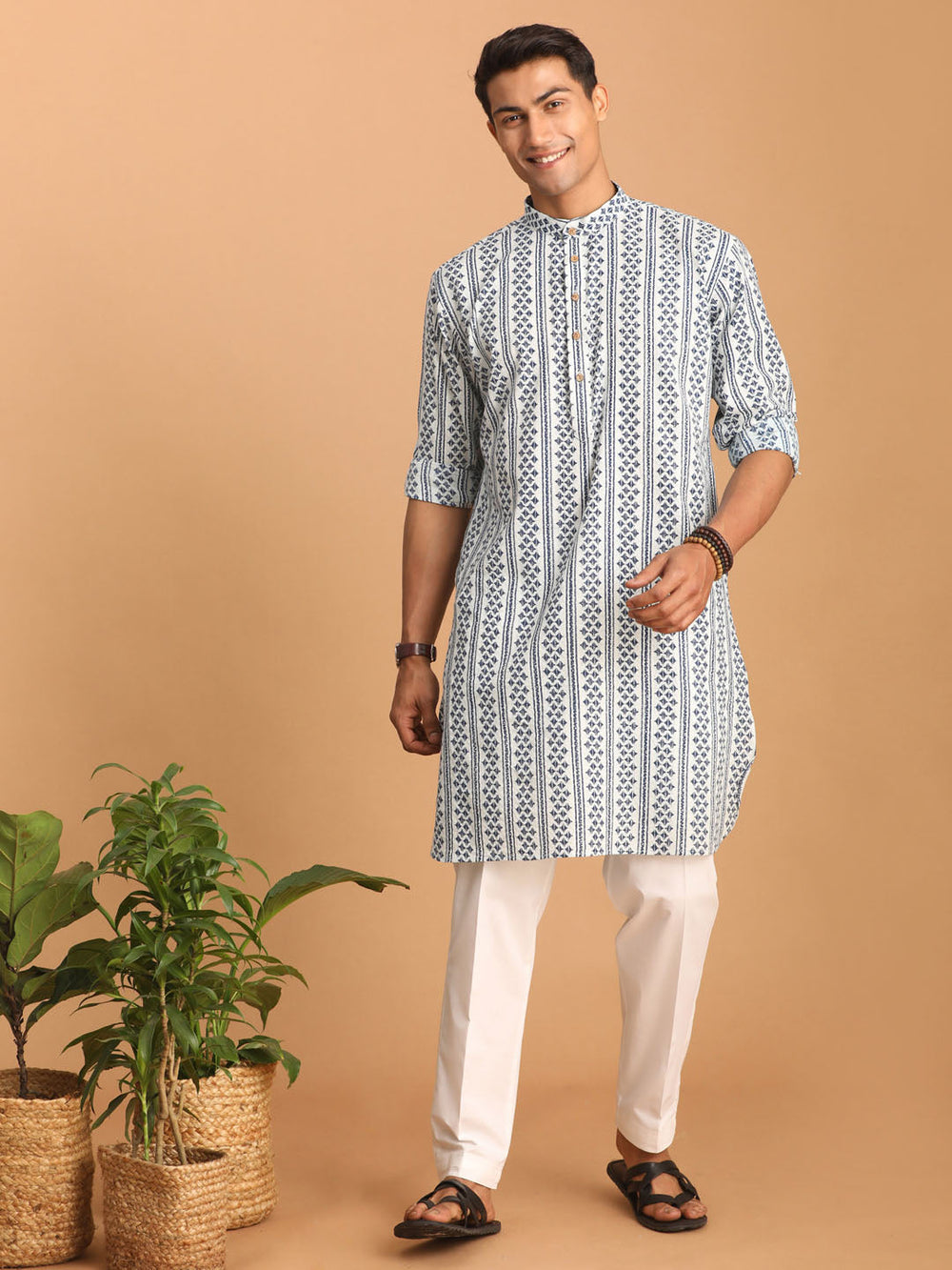 Sarvati Men's White And Blue Geometrical Striped Printed Curved Kurta with white Pant Set