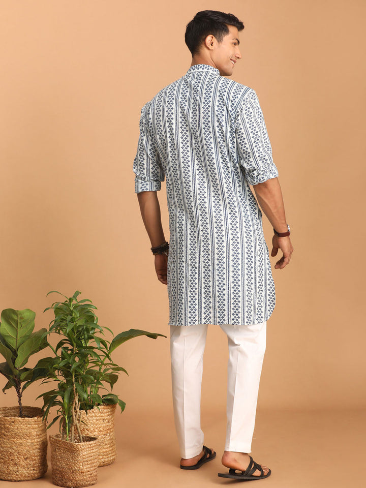 Sarvati Men's White And Blue Geometrical Striped Printed Curved Kurta with white Pant Set