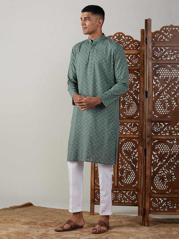 Sarvati Men's Green cotton Jacquard Kurta With White Pant Set