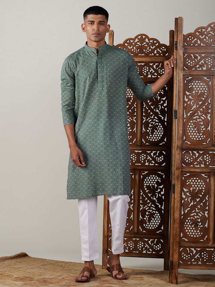 Sarvati Men's Green cotton Jacquard Kurta With White Pant Set