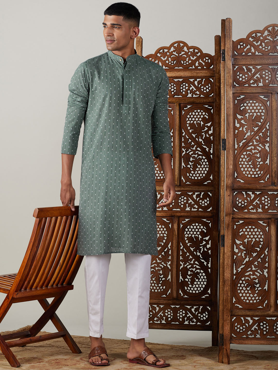 Sarvati Men's Green cotton Jacquard Kurta With White Pant Set