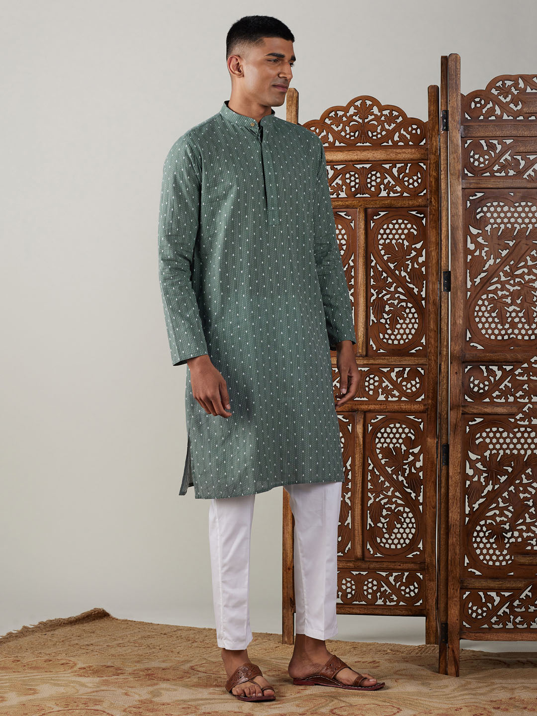 Sarvati Men's Green cotton Jacquard Kurta With White Pant Set