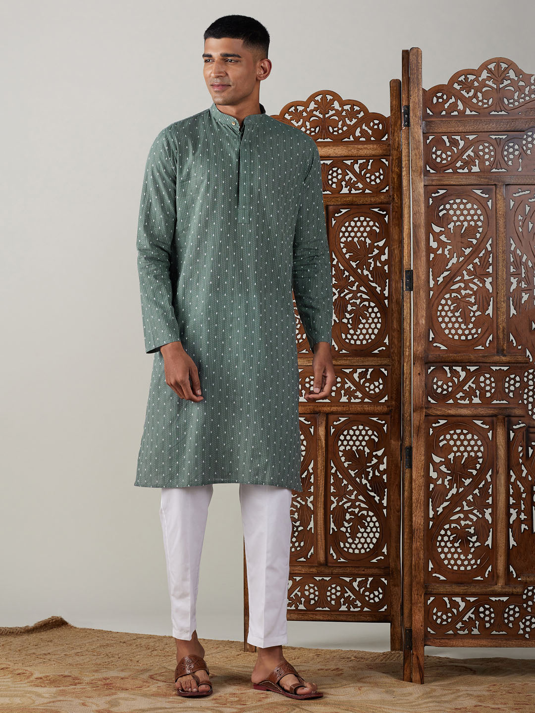 Sarvati Men's Green cotton Jacquard Kurta With White Pant Set