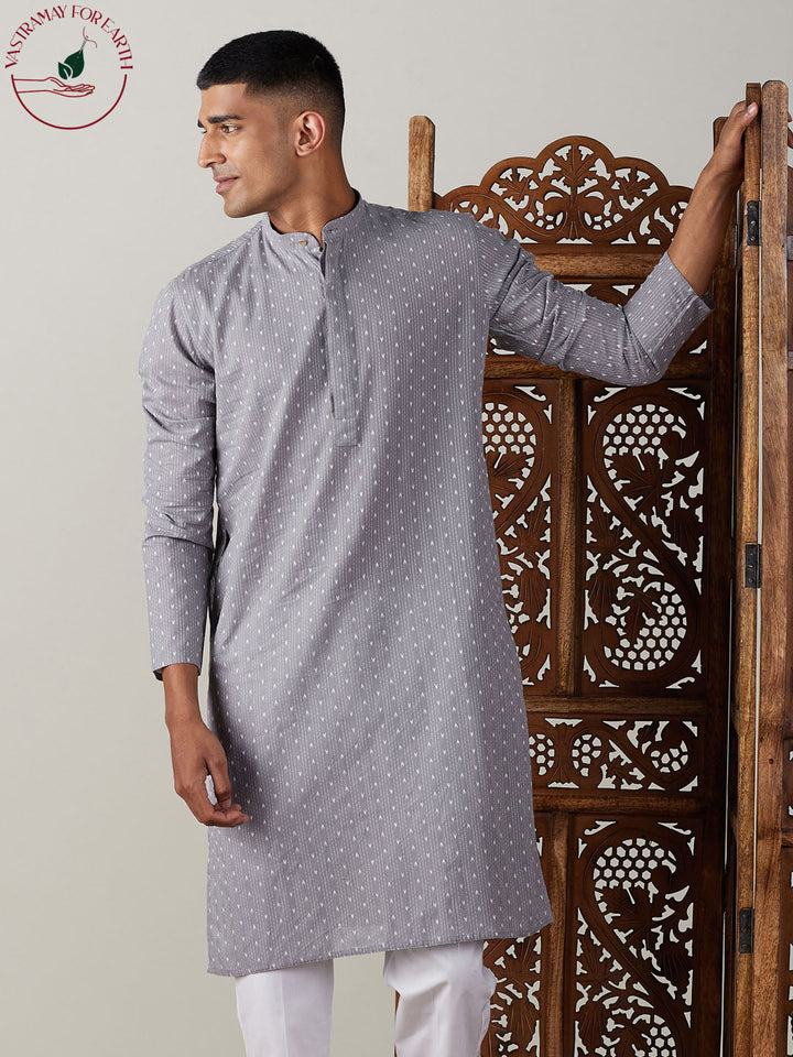 Men's Grey Cotton Jacquard Kurta