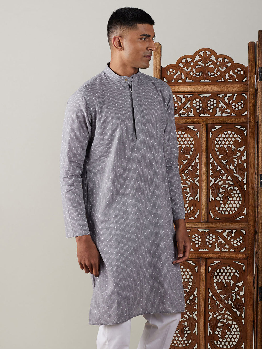 Men's Grey Cotton Jacquard Kurta