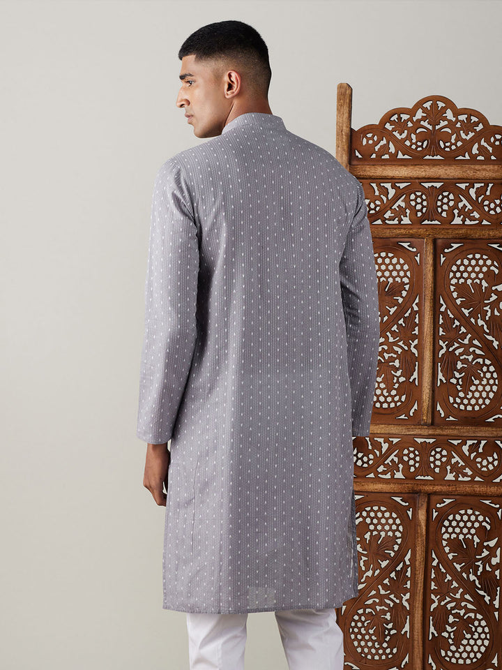Men's Grey Cotton Jacquard Kurta