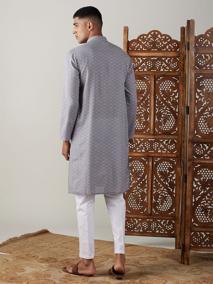 Sarvati Men's Grey cotton Jacquard Kurta With White Pant Set