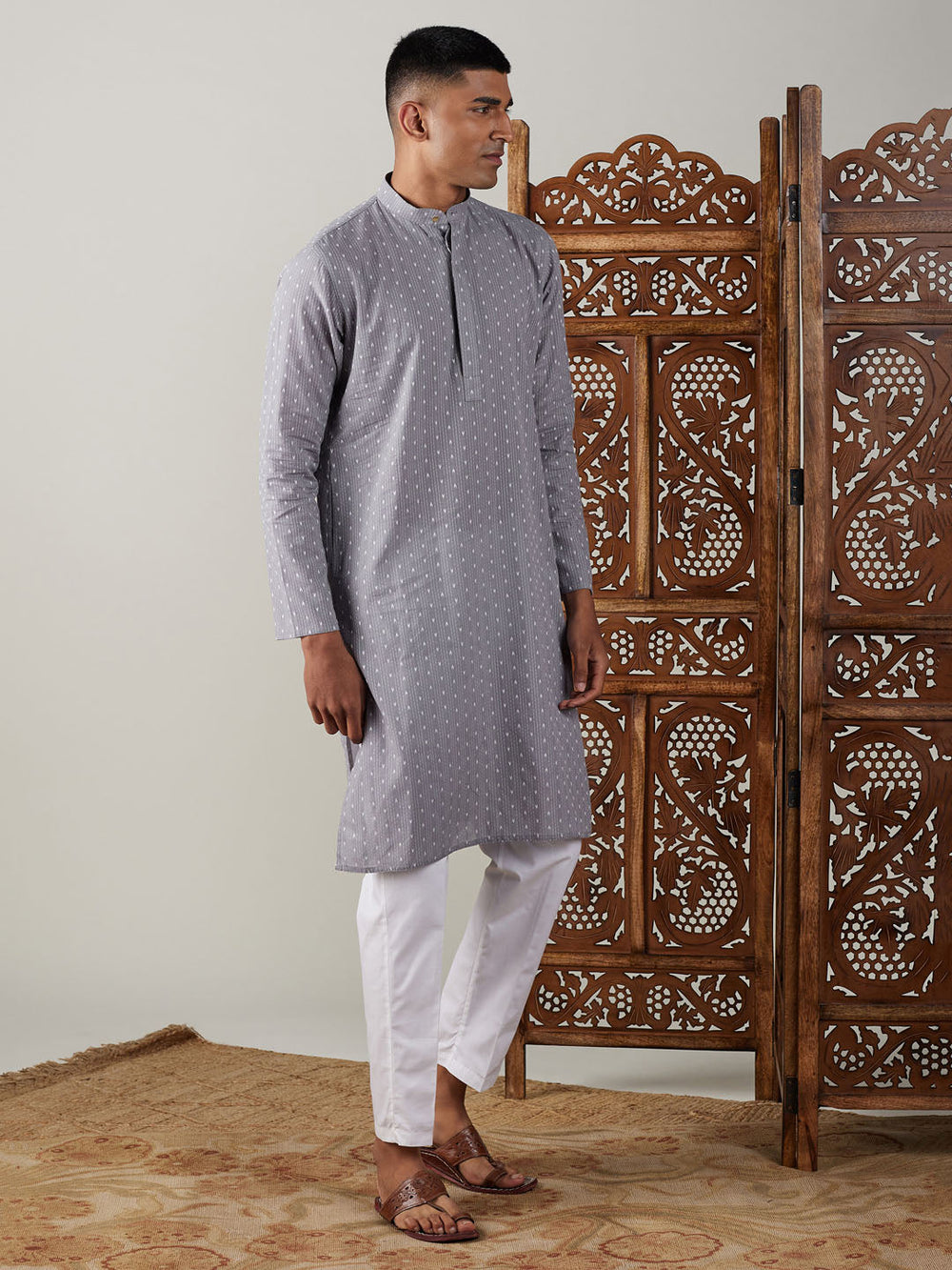 Sarvati Men's Grey cotton Jacquard Kurta With White Pant Set