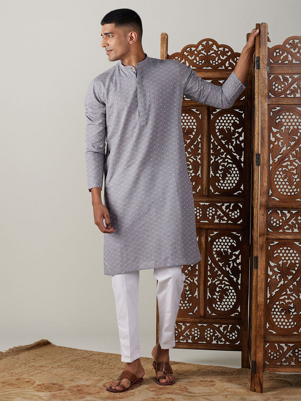 Sarvati Men's Grey cotton Jacquard Kurta With White Pant Set