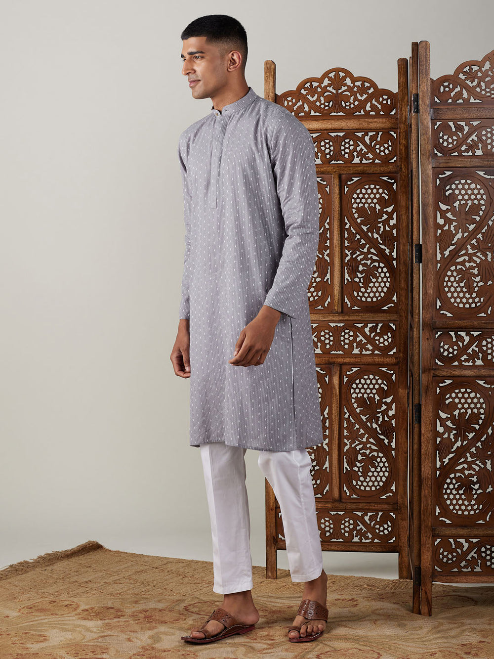 Sarvati Men's Grey cotton Jacquard Kurta With White Pant Set