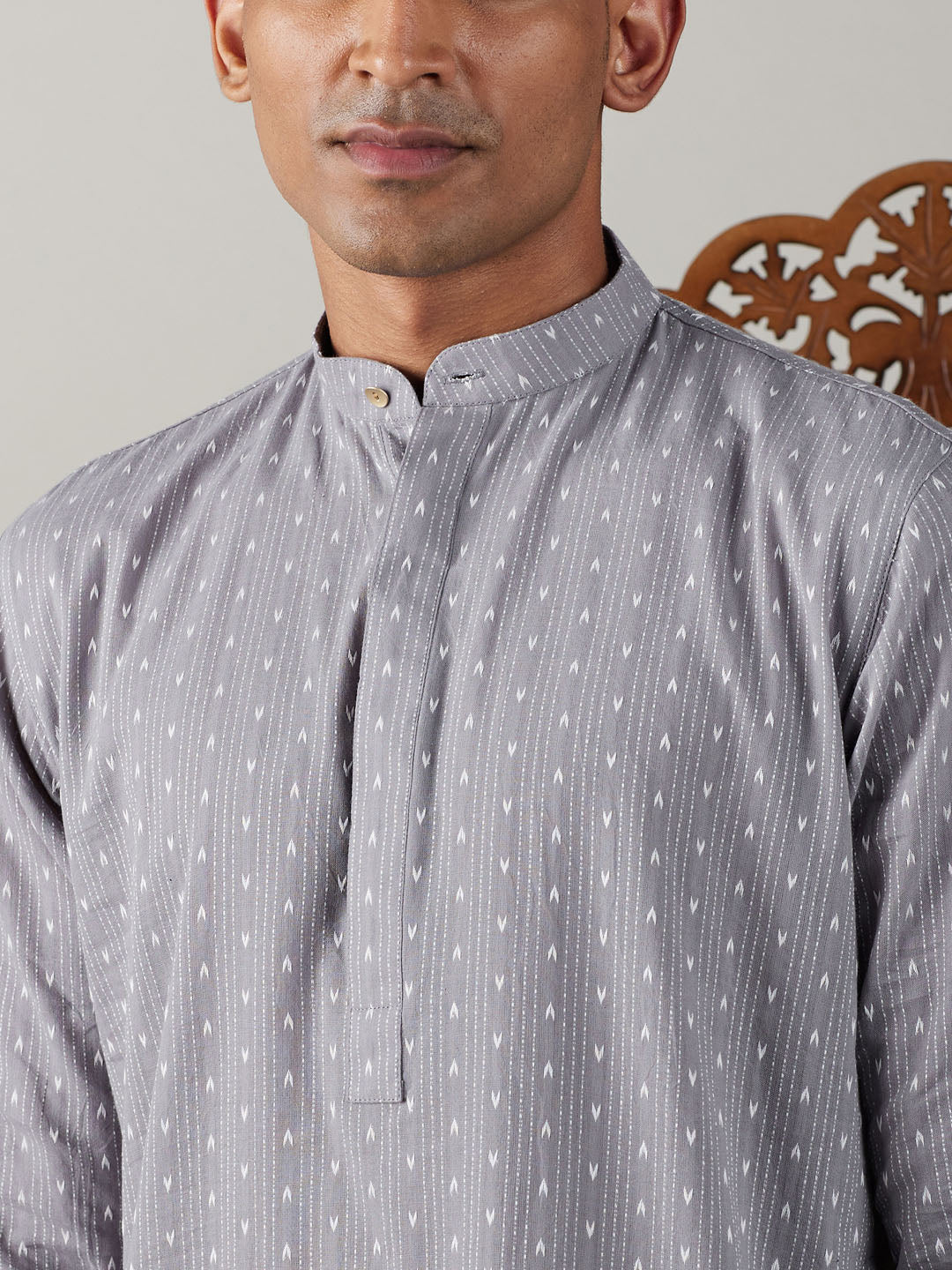 Sarvati Men's Grey cotton Jacquard Kurta With White Pant Set