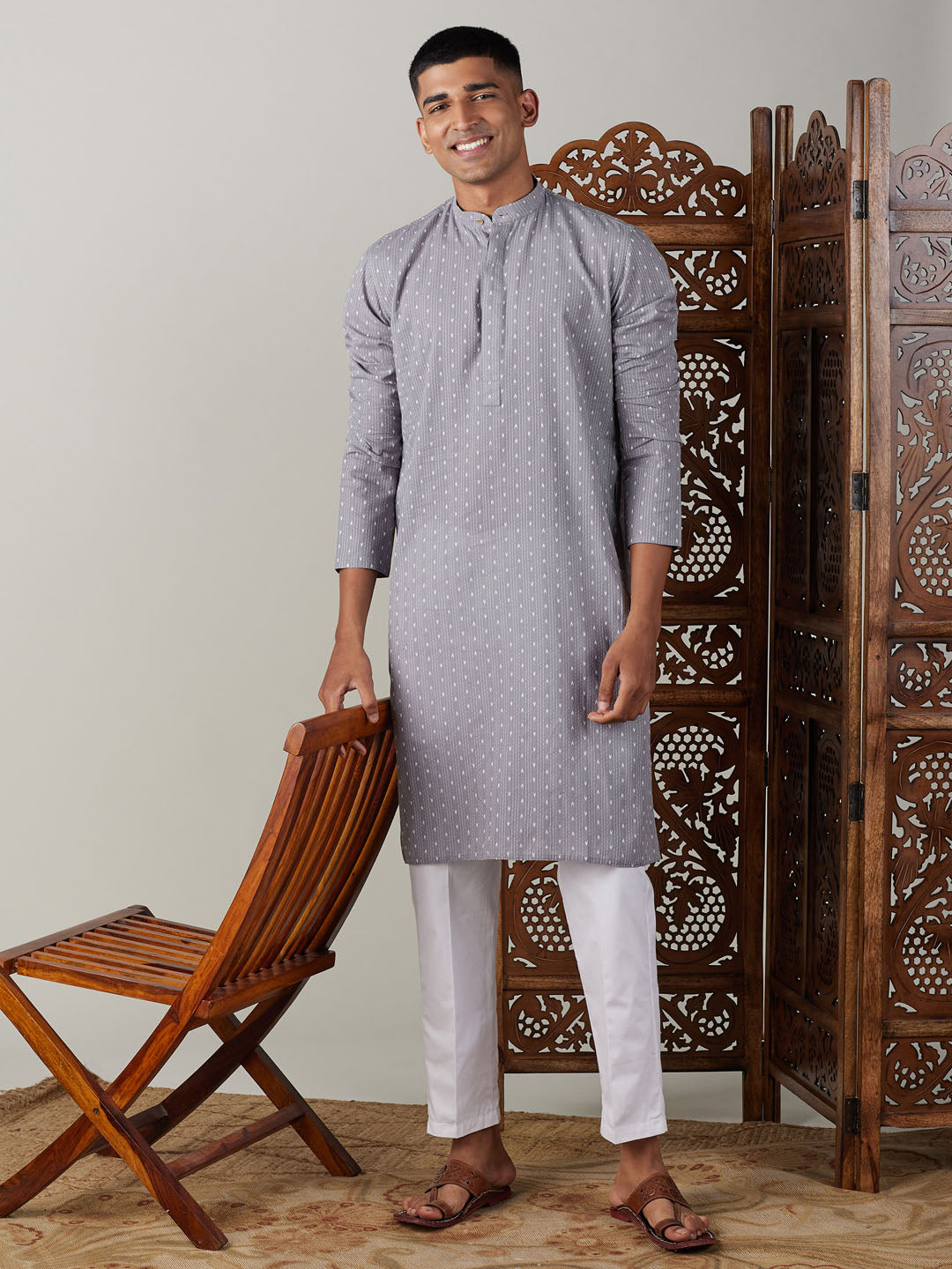 Sarvati Men's Grey cotton Jacquard Kurta With White Pant Set