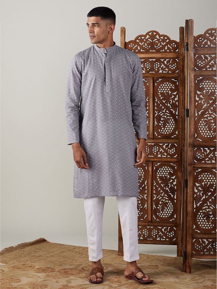 Sarvati Men's Grey cotton Jacquard Kurta With White Pant Set