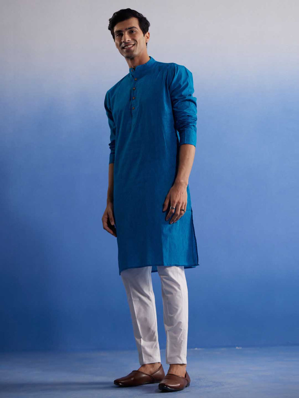 Sarvati Men's Aqua Blue Pure Cotton Handloom Kurta Pyjama Set