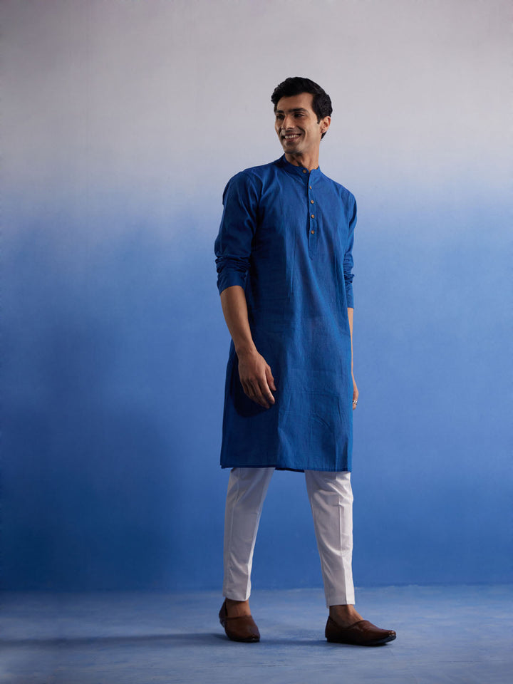 Sarvati Men's Blue Pure Cotton Handloom Kurta Pyjama Set