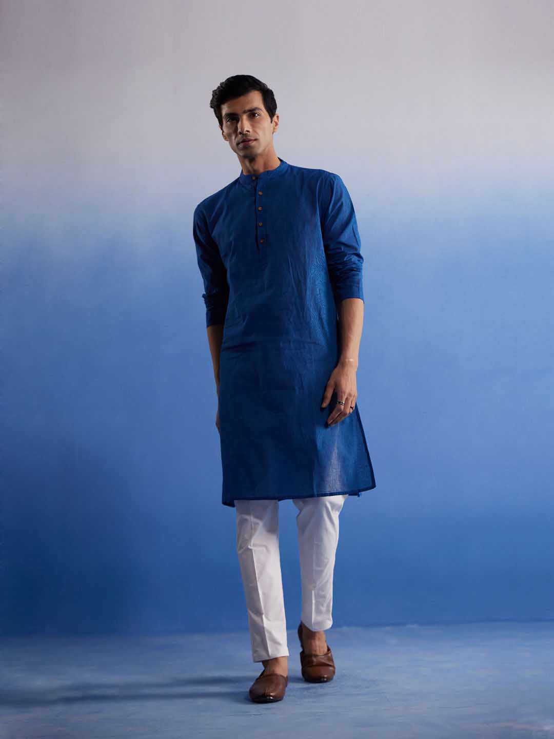 Sarvati Men's Blue Pure Cotton Handloom Kurta Pyjama Set