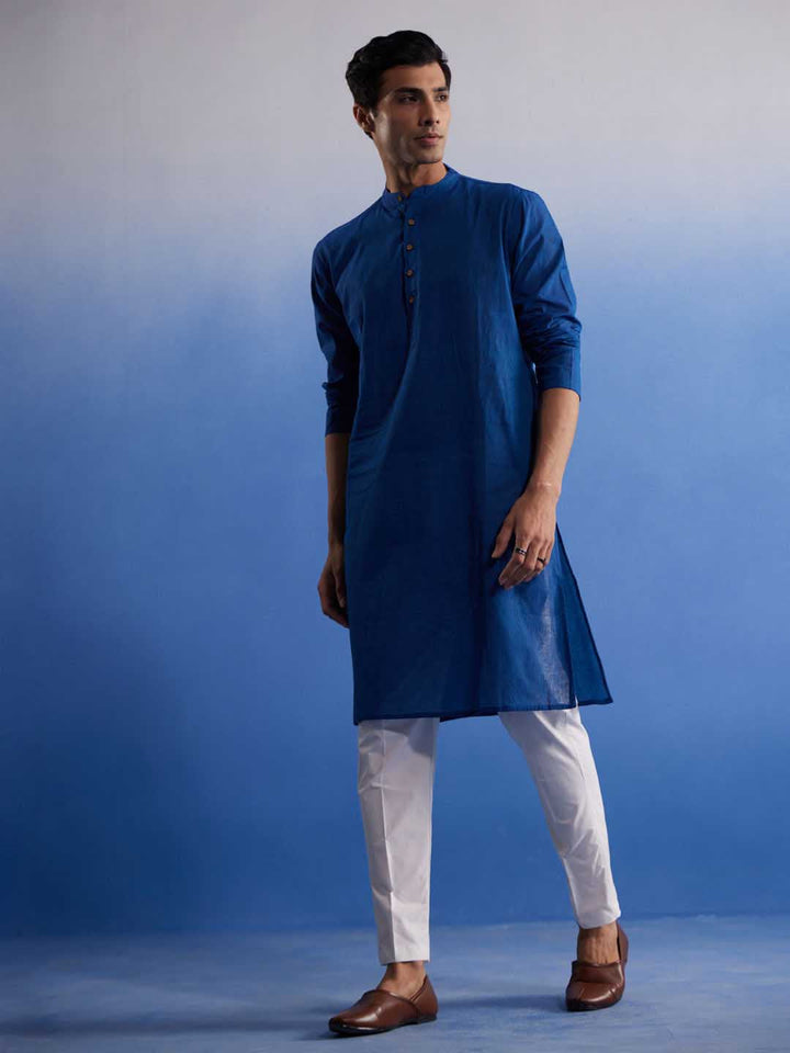 Sarvati Men's Blue Pure Cotton Handloom Kurta Pyjama Set