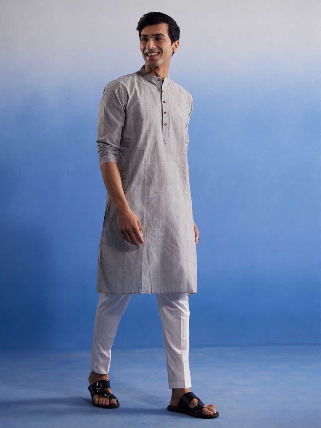 Sarvati Men's Grey Pure Cotton Handloom Kurta Pyjama Set