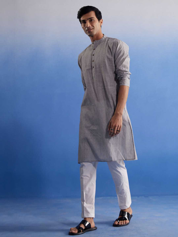 Sarvati Men's Grey Pure Cotton Handloom Kurta Pyjama Set