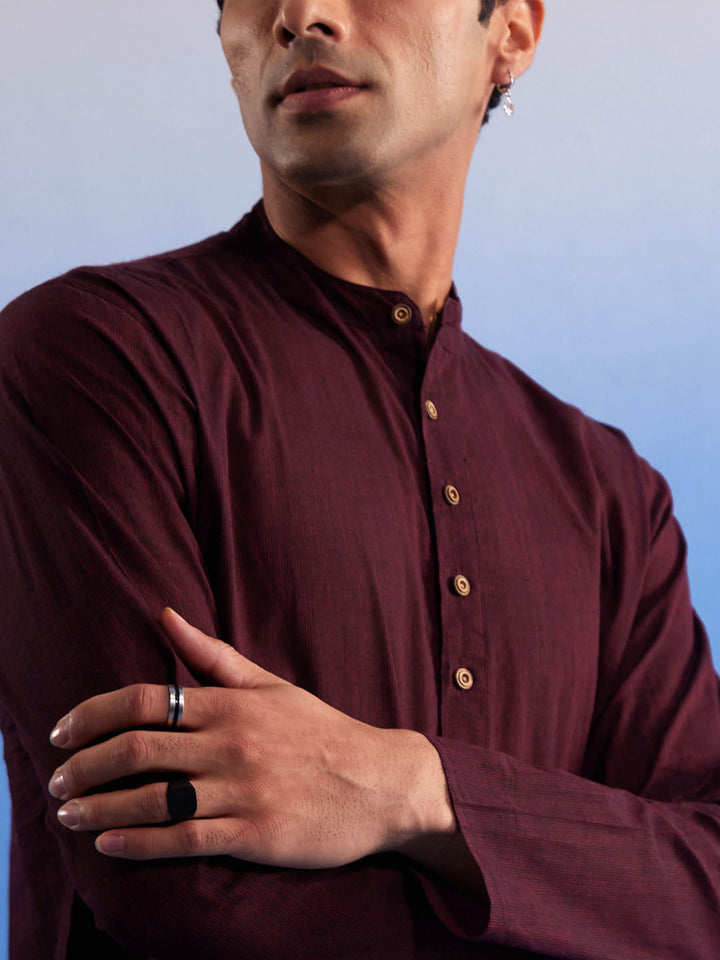 Sarvati Men's Maroon Pure Cotton Handloom Kurta Pyjama Set