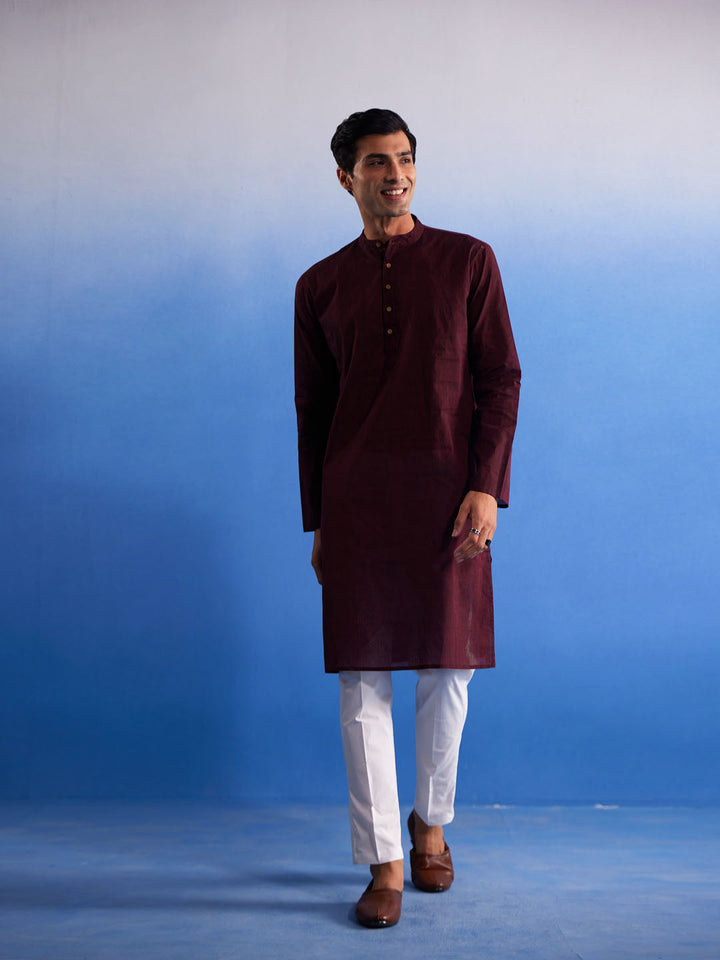 Sarvati Men's Maroon Pure Cotton Handloom Kurta Pyjama Set