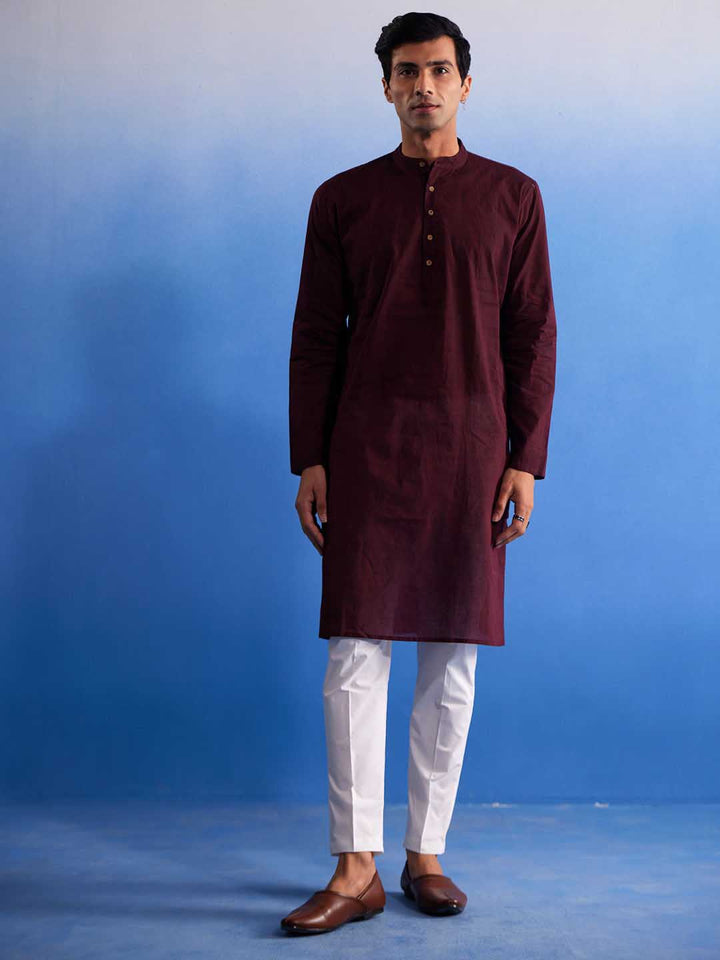 Sarvati Men's Maroon Pure Cotton Handloom Kurta Pyjama Set