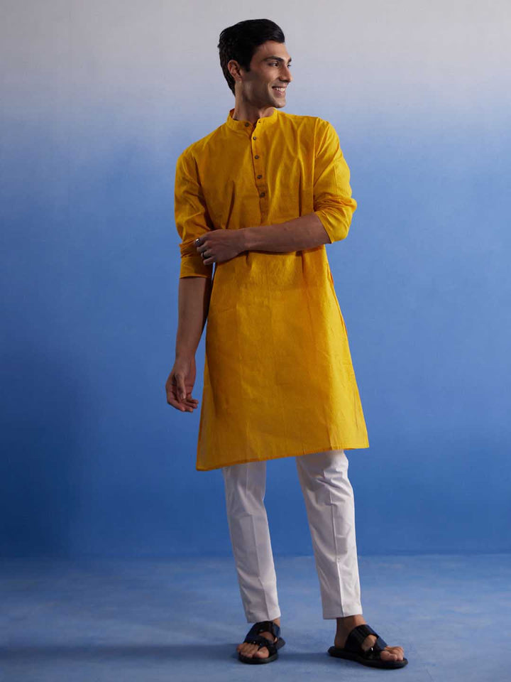 Sarvati Men's Mustard Pure Cotton Handloom Kurta Pyjama Set