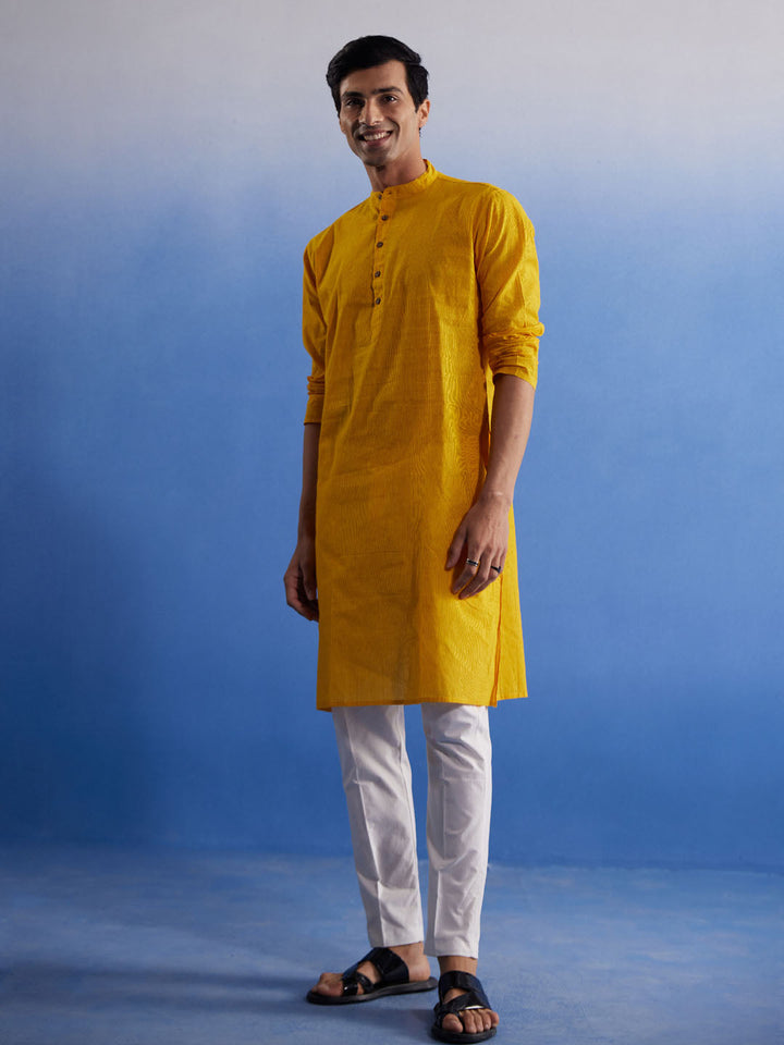 Sarvati Men's Mustard And White Pure Cotton Kurta Pyjama Set