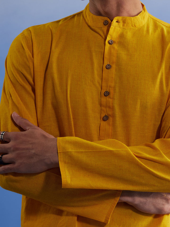 Sarvati Men's Mustard And White Pure Cotton Kurta Pyjama Set