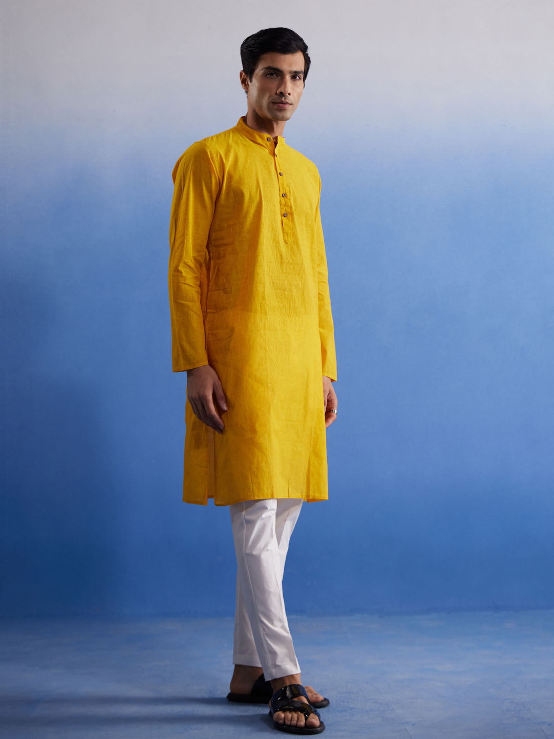 Sarvati Men's Mustard And White Pure Cotton Kurta Pyjama Set