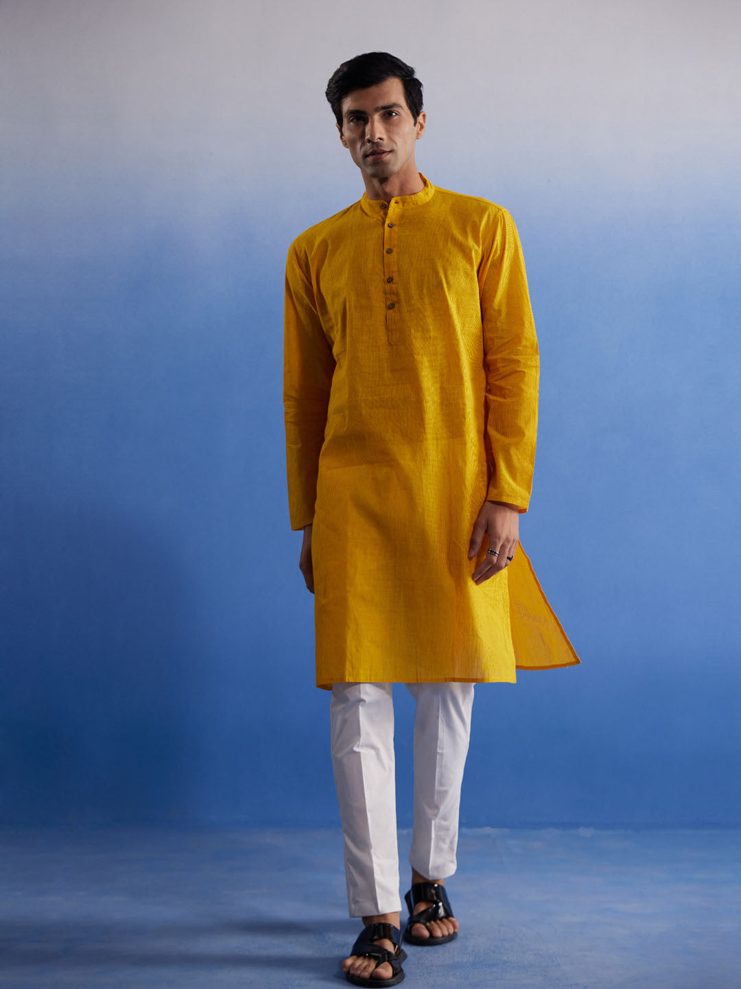 Sarvati Men's Mustard And White Pure Cotton Kurta Pyjama Set