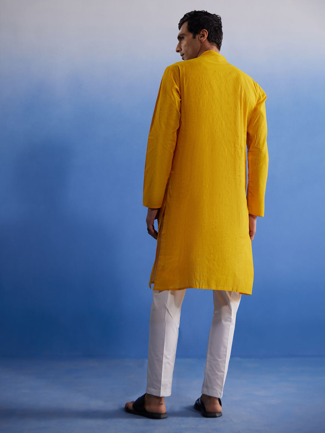 Sarvati Men's Mustard And White Pure Cotton Kurta Pyjama Set