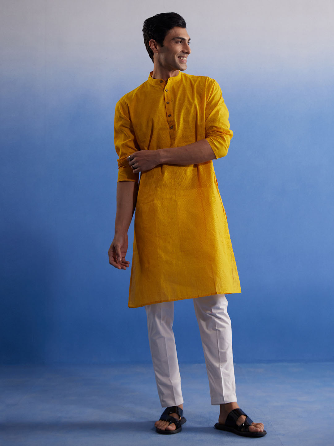 Sarvati Men's Mustard And White Pure Cotton Kurta Pyjama Set