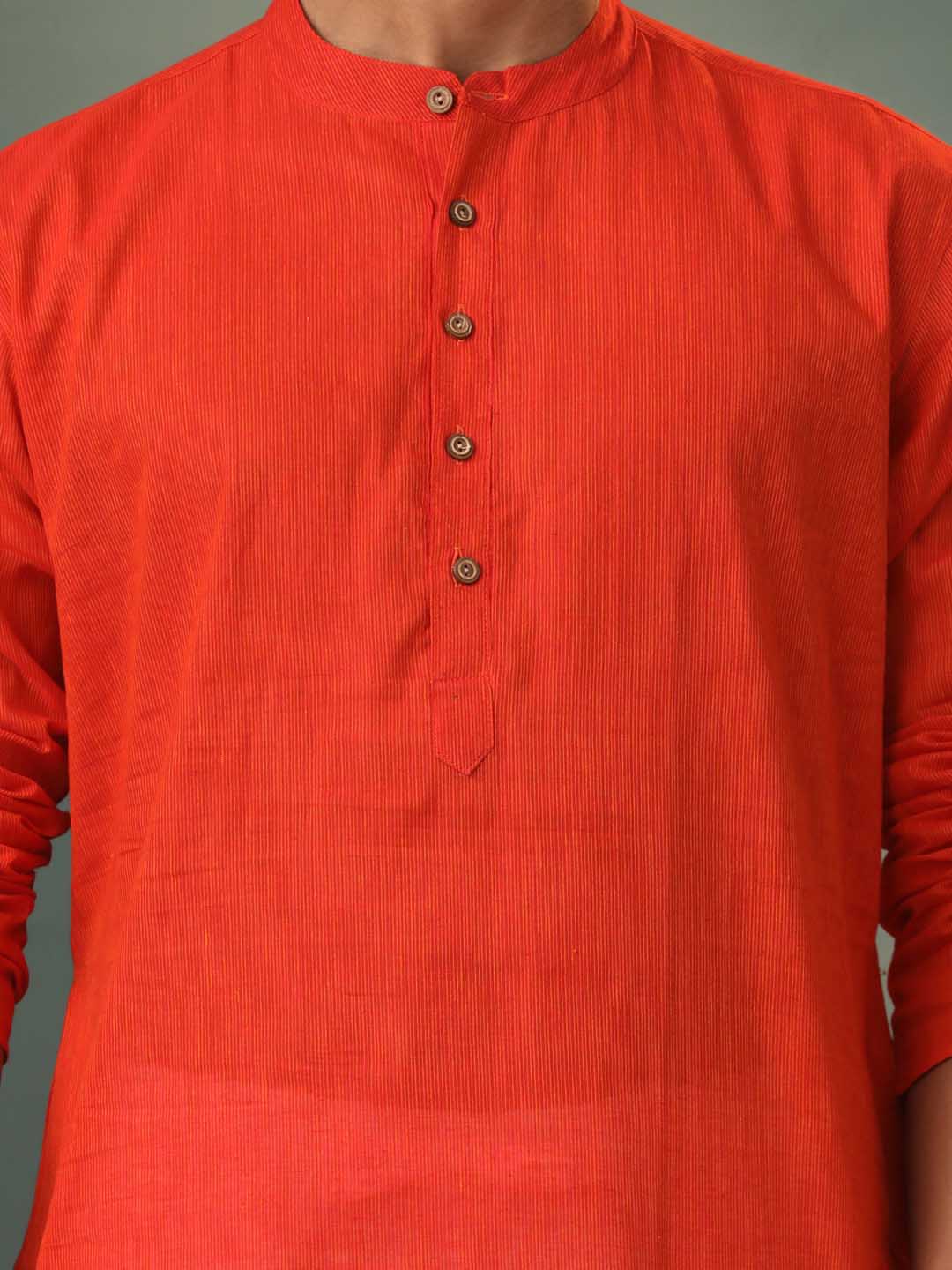 Sarvati Men's Red Pure Cotton Handloom Kurta Pyjama Set