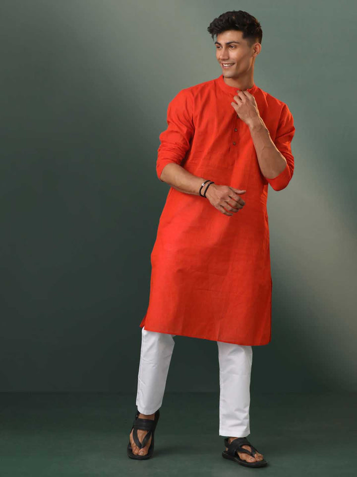 Sarvati Men's Red Pure Cotton Handloom Kurta Pyjama Set