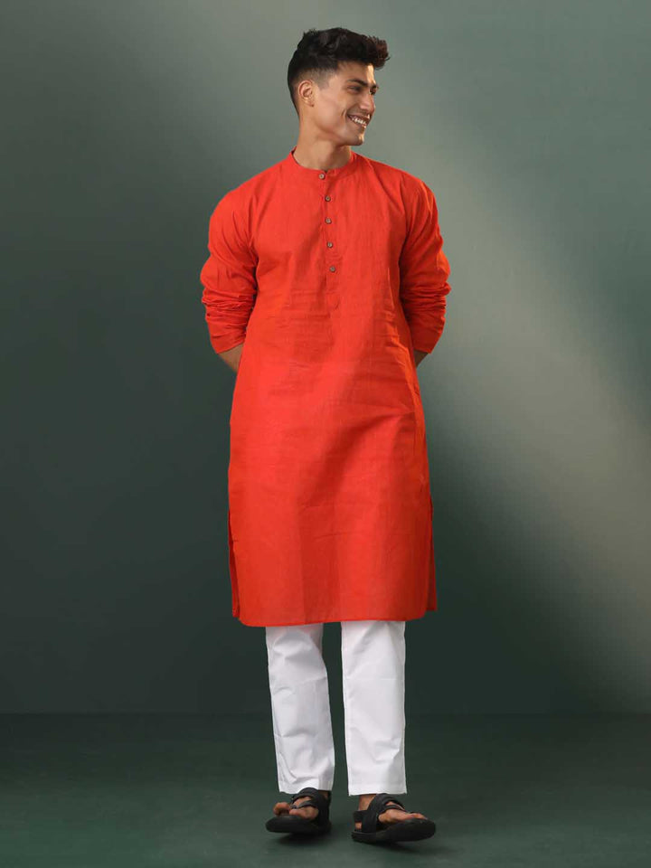 Sarvati Men's Red Pure Cotton Handloom Kurta Pyjama Set