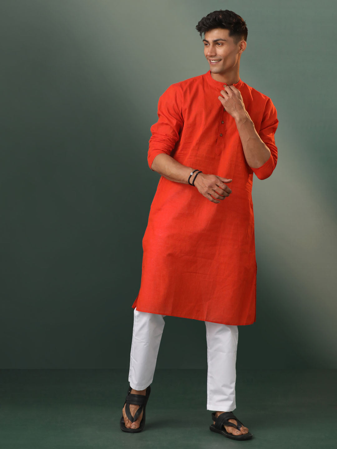 Sarvati Men's Red Pure Cotton Handloom Kurta Pyjama Set