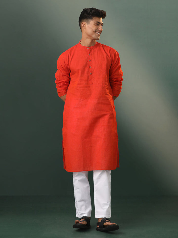 Sarvati Men's Red Pure Cotton Handloom Kurta Pyjama Set