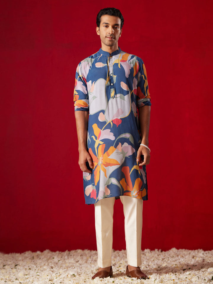 Men's Multicolor Base Blue Cotton Printed Kurta