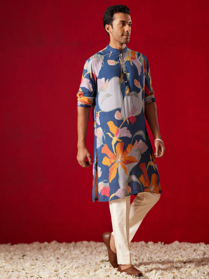 Sarvati Men's Multicolor Base Blue cotton Printed Kurta Pant Set