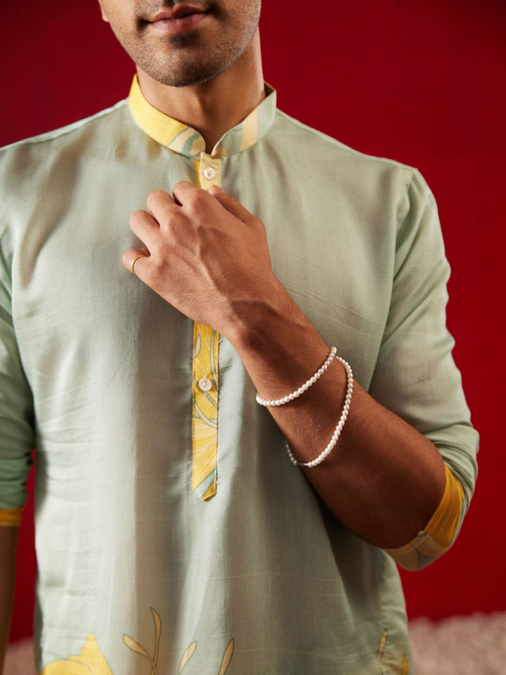 Men's Multicolor Base Yellow Cotton Printed Kurta