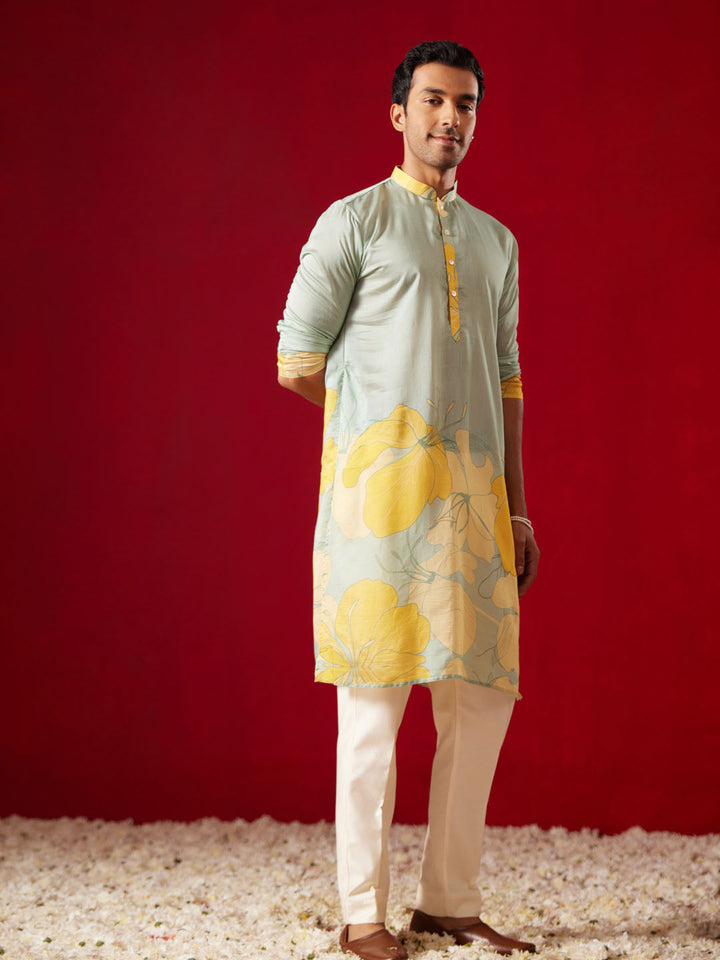 Sarvati Men's Multicolor Base Yellow cotton Printed Kurta Pant Set