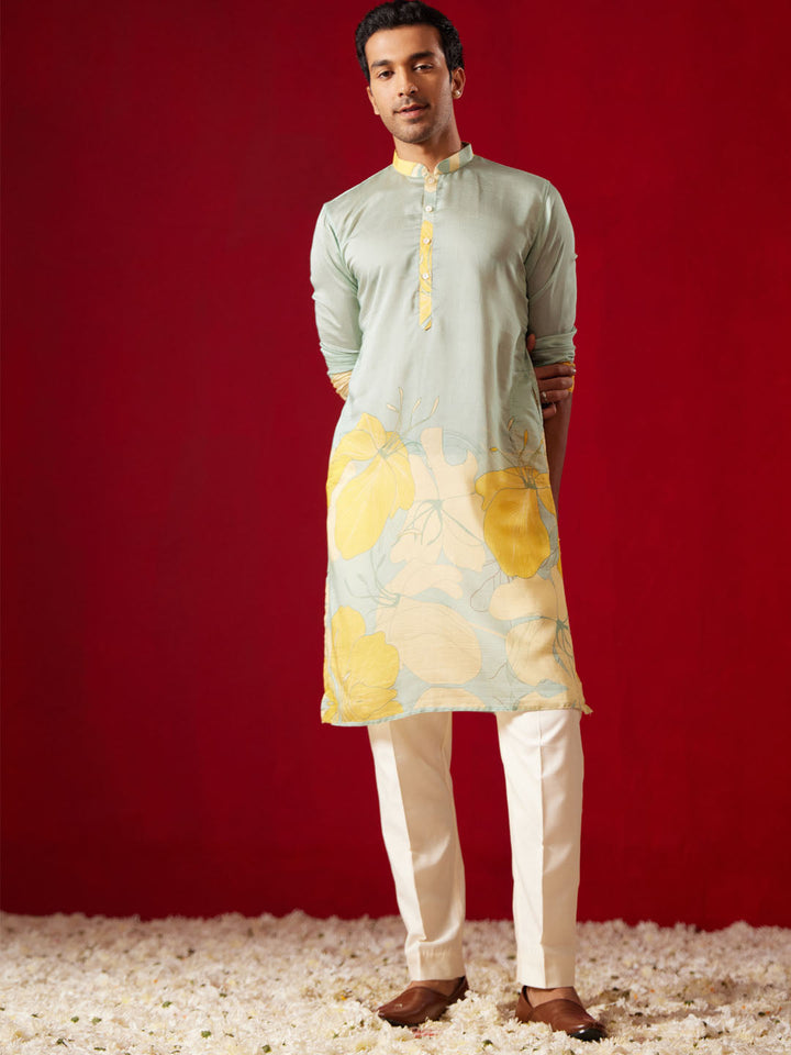 Sarvati Men's Multicolor Base Yellow cotton Printed Kurta Pant Set