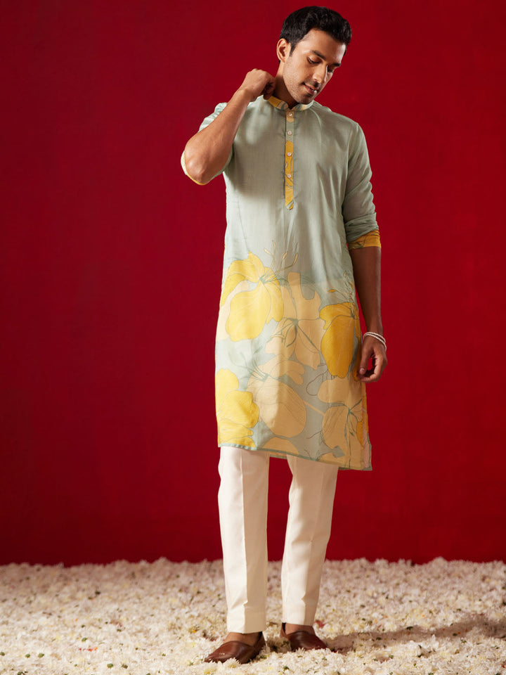 Sarvati Men's Multicolor Base Yellow cotton Printed Kurta Pant Set