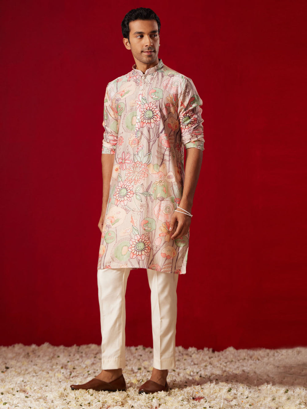 Sarvati Men's Multicolor base Peach cotton Printed Kurta Pant Set