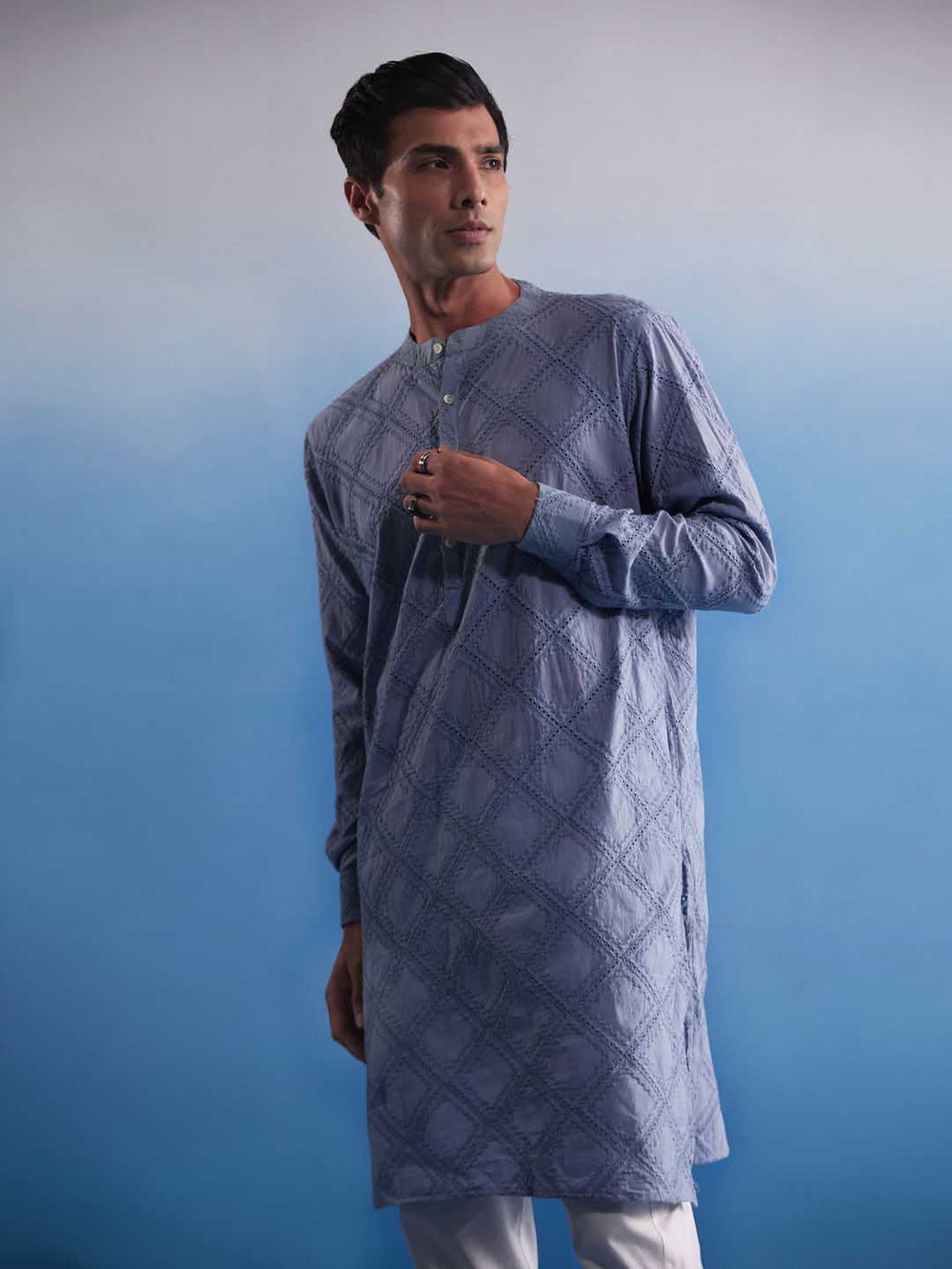 Men's Aqua Blue Hakooba Cotton Kurta